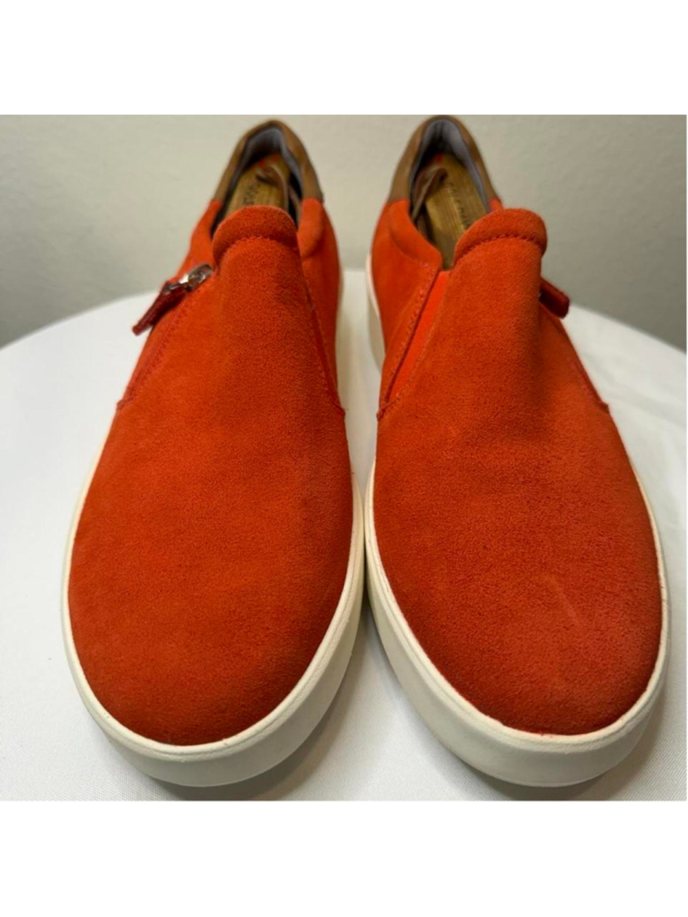 Clarks orange suede slip-on sneakers with white sole #lifestyle #comfort